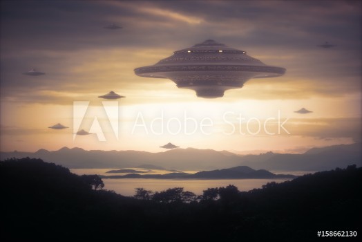 Picture of 3D illustration with photography Alien invasion of spaceships